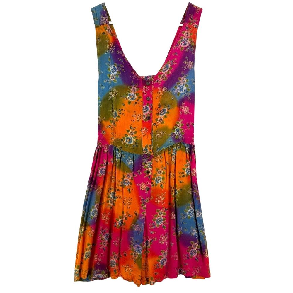 Vintage 90s Size M Romper Rainbow Tie-Dye Floral Maximalist Print Retro Kitsch